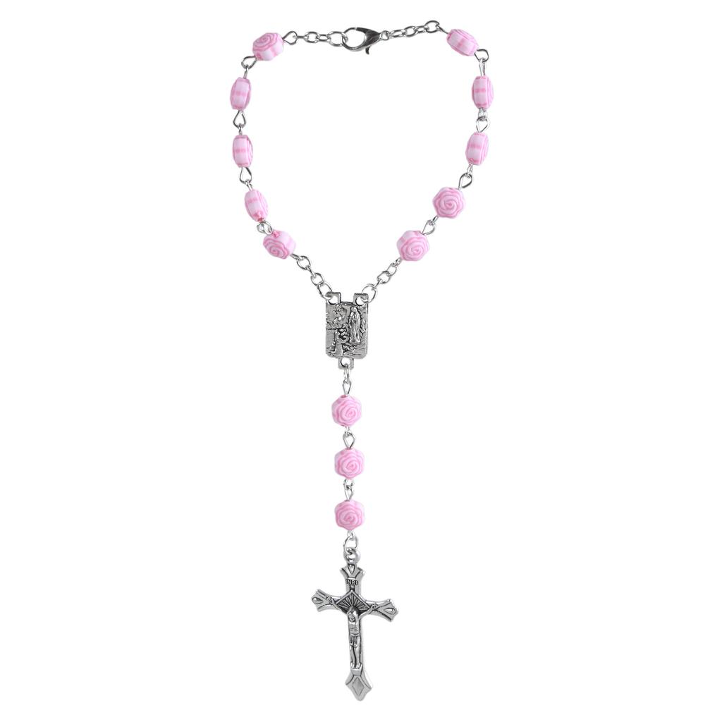 Elegant Crosses Pendant Wrist Chain Delicate Pink Rose Flower Hand Chain Beautiful Beads Hand String Chain Jewelry