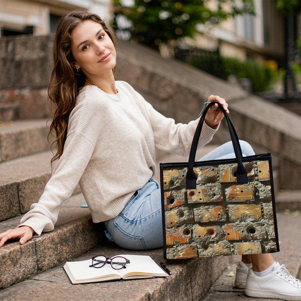 Vintage Block Pattern Tote Bag Casual Large Capacity Daily Commuting Shoulder Bag