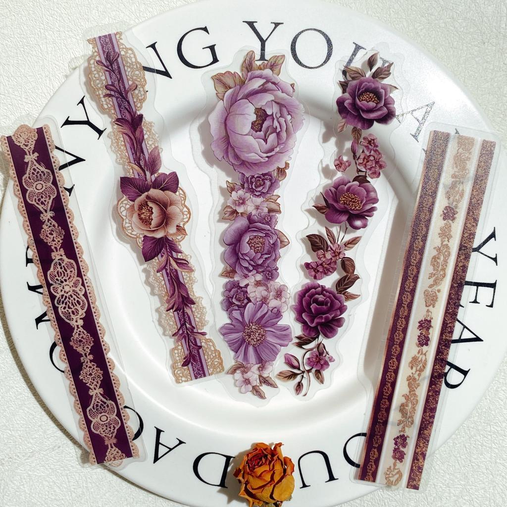 15 Pcs PET Flower Lace Strip Sticker DIY Hand Account Collage for Scrapbooking Junk Journal Decorative Stickers