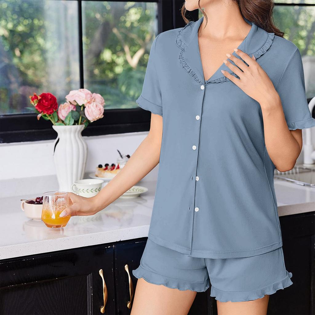 Women Pajama Set Short Sleeve Button Down Top with Ruffle Trim and Elastic Waist Shorts Two Piece Soft Lightweight Loungewear Sleepwear