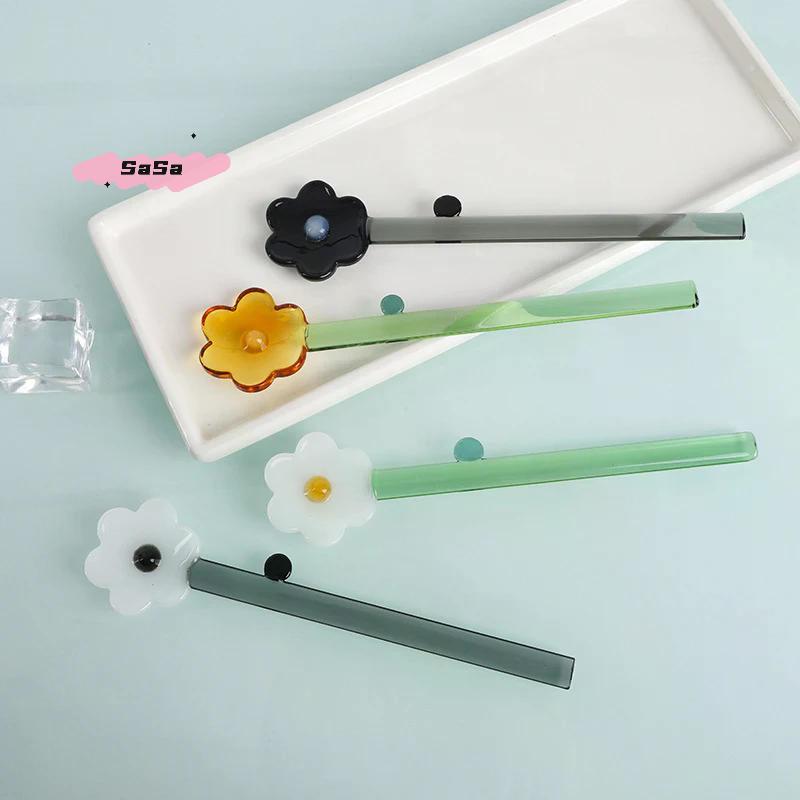 Long Handle Glass Spoon Creative Transparent Glass Dessert Spoon Flower Shaped Colored Coffee Stirring Spoon Stick Bar