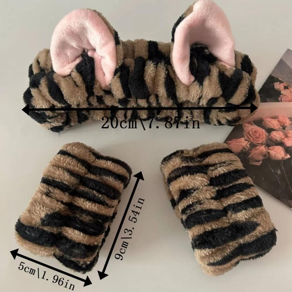 3pcs/set Leopard Print Cute Cat Ear Plush Headband Elastic Wrist Strap  For Women Girls