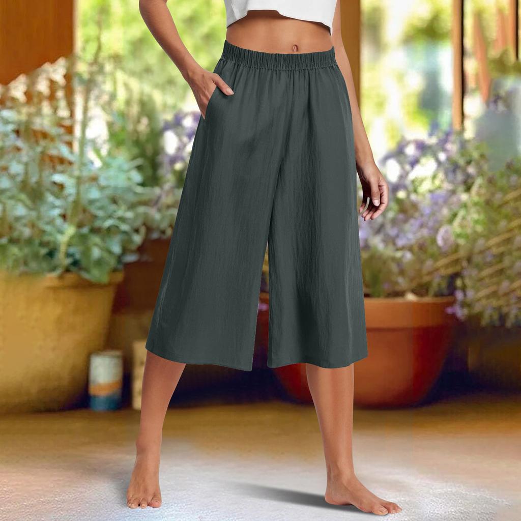Feamle Casual and Versatile Wide Leg Pants with Pockets Lightweight High Waisted Loose Cropped Capris