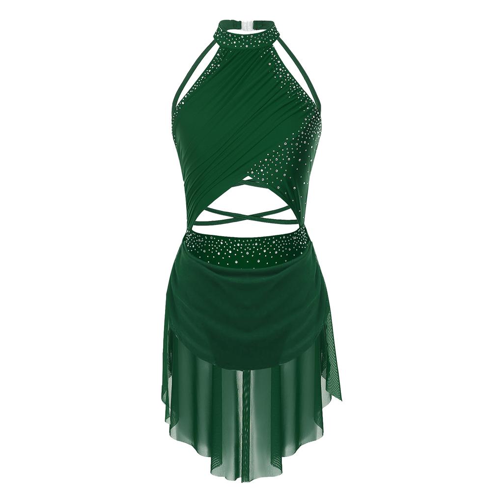 Womens Lyrical Dance Costume Cutout Strappy Backless Design Sheer Mesh Overlay Glittery Rhinestone Leotard Dress