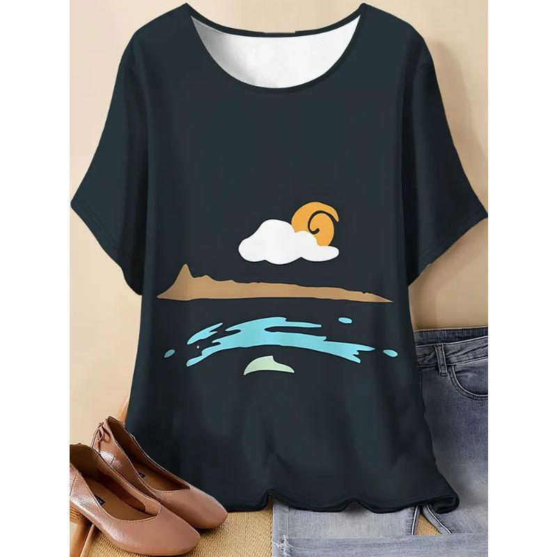 Fashion Women's Crew Neck Short Sleeve 3D Casual Color Printing Casual Short Sleeve Crew Neck T-Shirt