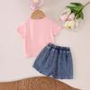 Girls' Suit: Summer Children's Bow Pink Short-sleeved T-shirt + Denim Shorts