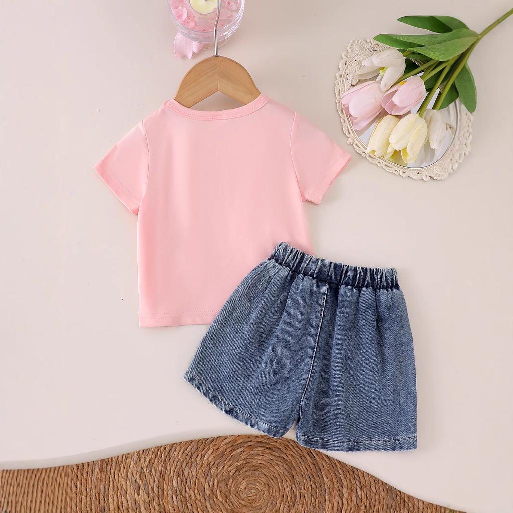 Girls' Suit: Summer Children's Bow Pink Short-sleeved T-shirt + Denim Shorts