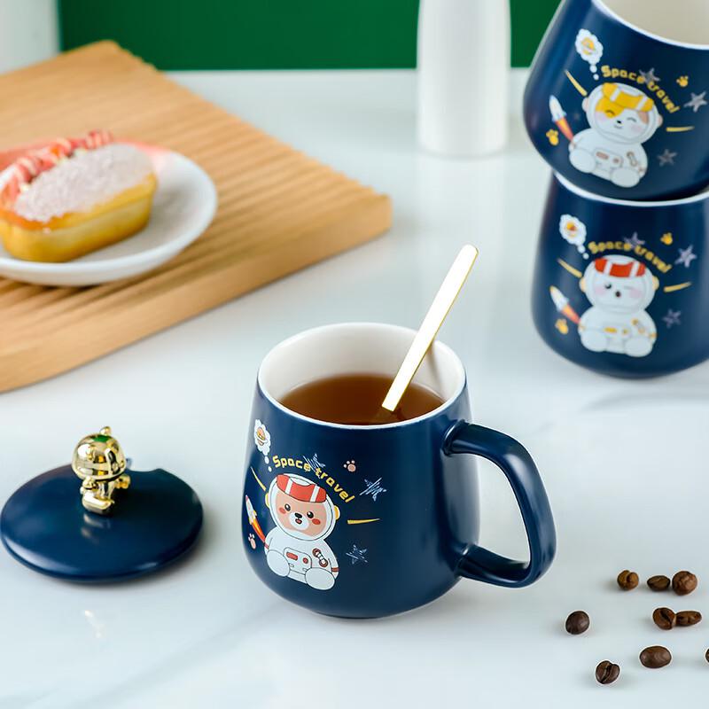 Astronaut Rabbit Ceramic Mugs (Set of 2) with Lid & Spoon