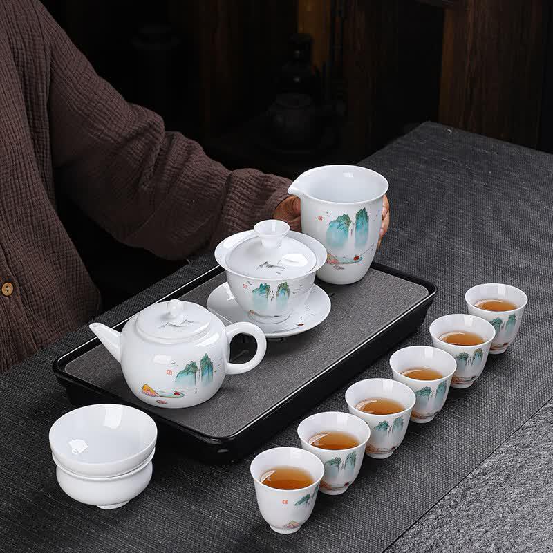 Tuopai 11-Piece Hand-Painted White Jade Porcelain Tea Set