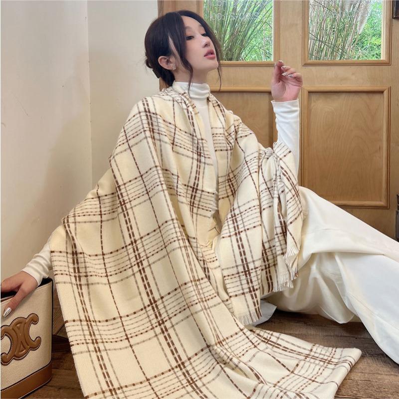 Autumn and winter new wool fine plaid scarf women's high-end sense versatile tassel shawl versatile thickened warm scarf