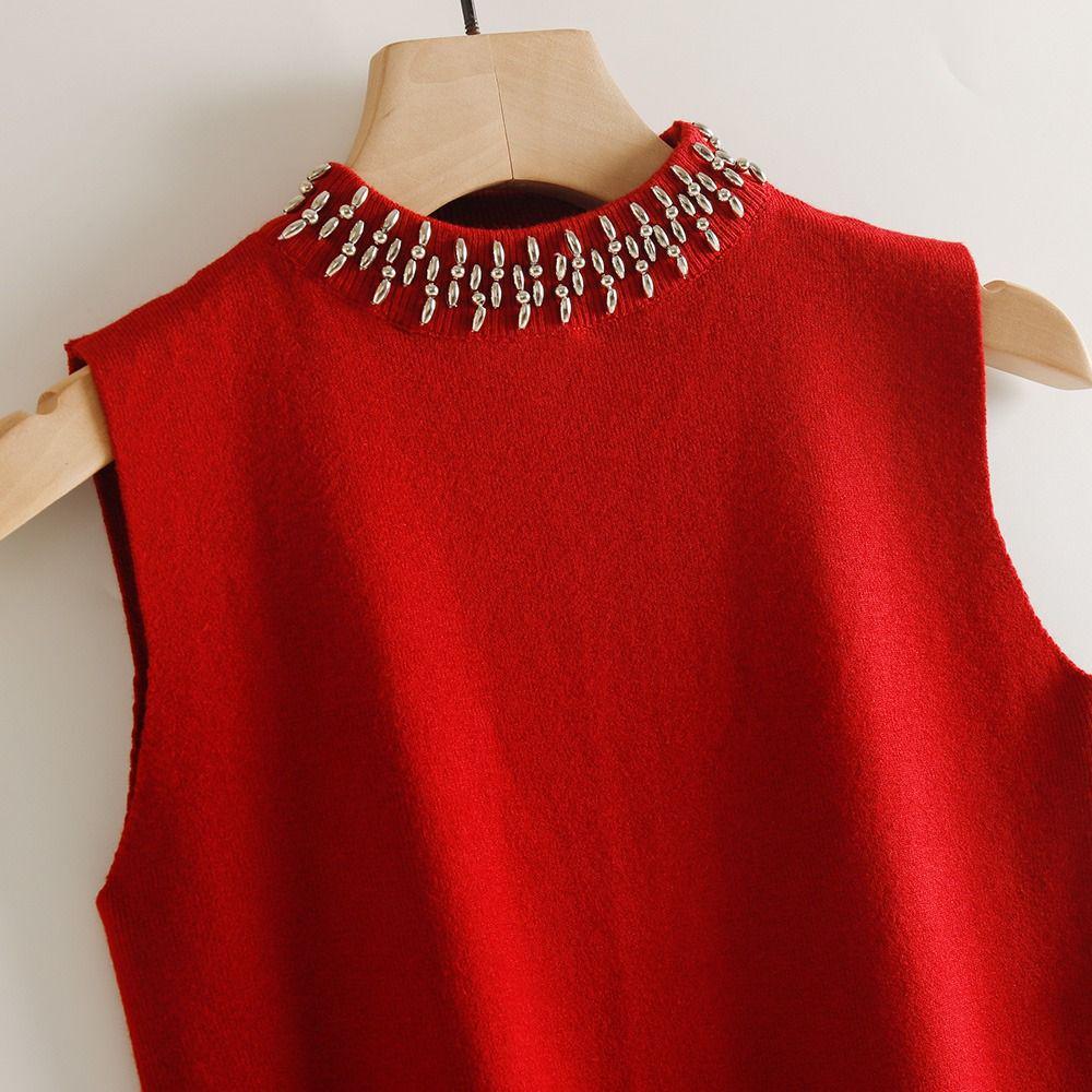 Gilet in Maglia Fatto a Mano Retrò Romantico con Perline ad Scollo Alto Senza Maniche per Donna Primavera/Estate 2026