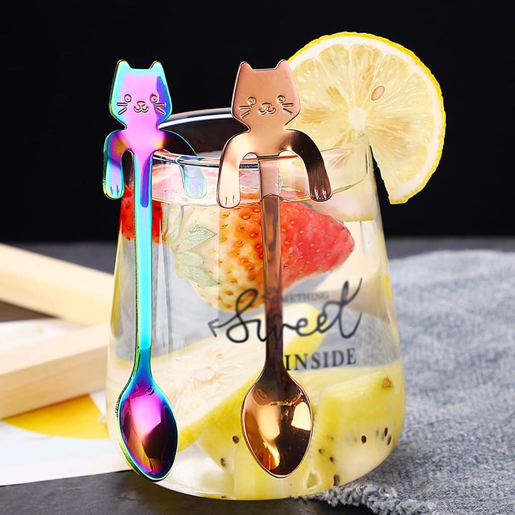 Cat Spoon Coffee Teaspoon, PBIEHSR Stainless Steel Hanging Cup Tea Spoon Two Different Lengths Dessert Scoop for Stirring Drink Mixing Milkshake Jam,