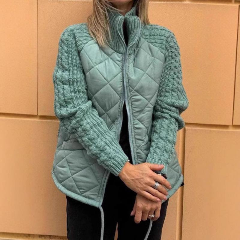 Autumn and Winter Women's Solid Color Knitted Patchwork Quilted Jacket Casual Lightweight Stand Collar Long Sleeve Zip Jackets Padded Outerwear Coats