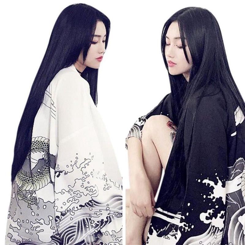 Vintage Damen-Blusen im Harajuku-Stil und Drachendruck auf der Rückseite, japanische Kimono-Designidee