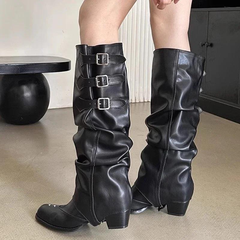 Fashion Women Pointed Toe Chelsea Boots Knee High Mid Heels Chunky Pleated Shoes Designer New Motorcycle Boots Pumps Sexy Mujer Zapatos