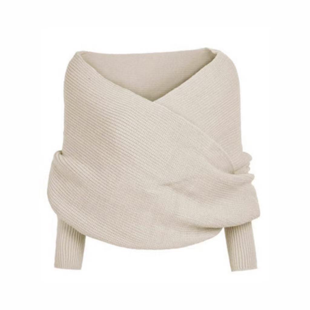 European & American Double Sleeve Off-the-Shoulder V-Neck Knit Scarf for Women