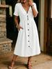 Abito midi da donna in lino con scollo a V e bottoni, casual estivo, manica corta, lungo, con tasche