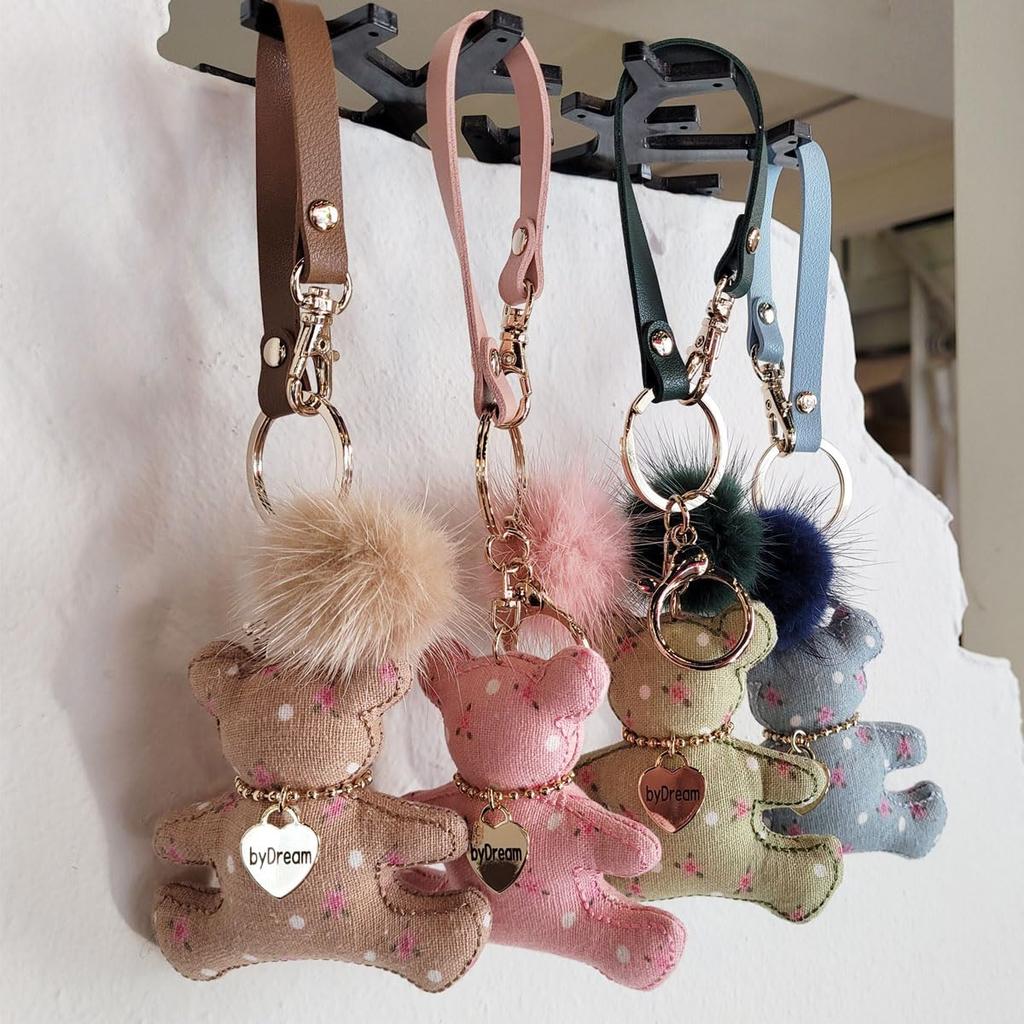 [byDream] Bären Schlüsselanhänger, Bären Taschenanhänger, Plüsch Bären Schlüsselanhänger mit Stoff und Echtem Lederband, Echtes Nerzfell mit Bommel, Stilvoll und Niedlich