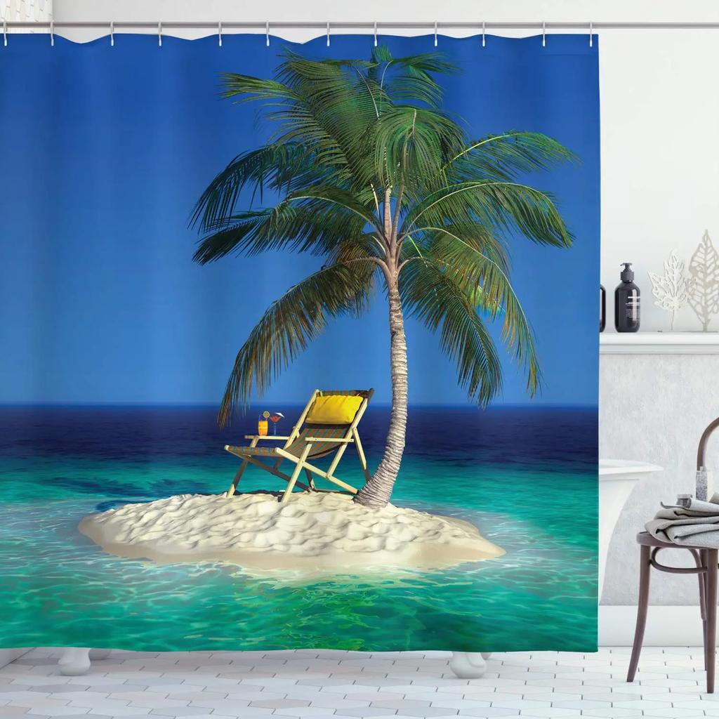 Summer Tropical Beach Scenery Shower Curtain with Hooks Seaside Island Palm Trees Blue Sea Bath Curtain Bathroom Bathtub Decor