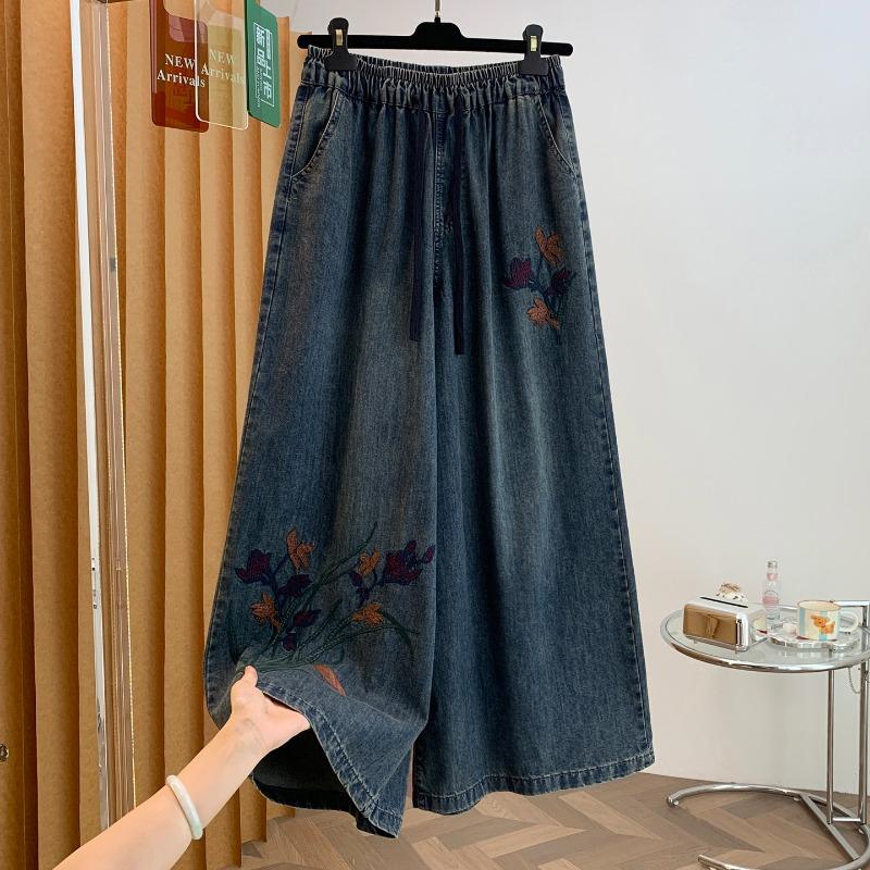 DIMANAF 2026 Autumn Winter New Plus Size Women Jeans Elastic Waist Embroidery Floral Long Pants Loose Casual Denim Cotton Trousers Vintage