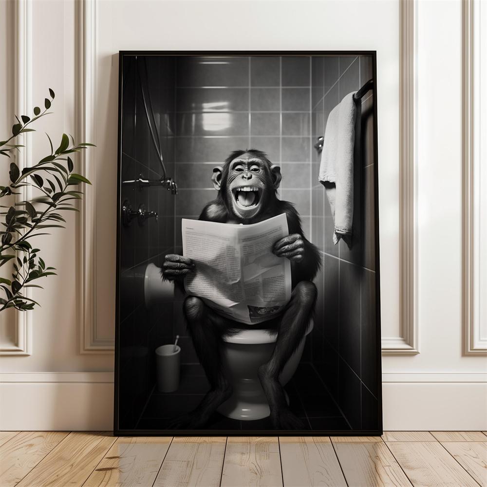 Lustiger Waschbär Wandkunst Druck Schwarz-Weiß Tier Dekor für Badezimmer Humor Dekor Für Toilette Lustiger Affe Badezimmer Poster