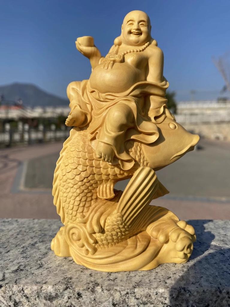 Wooden Carp Maitreya Buddha Decorative Statue ,Creative Solid Wood Art Hand Carving Home Room, Office Fortune Gathering Statue