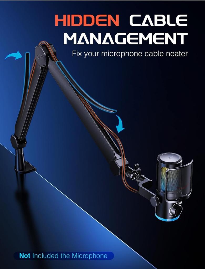 FIFINE Boom Arm Microphone Stand, Desktop Microphone Stand with Extension Pole, Telescoping and Folding, 360° Rotation, Adjustable Angle, 14" To 38"