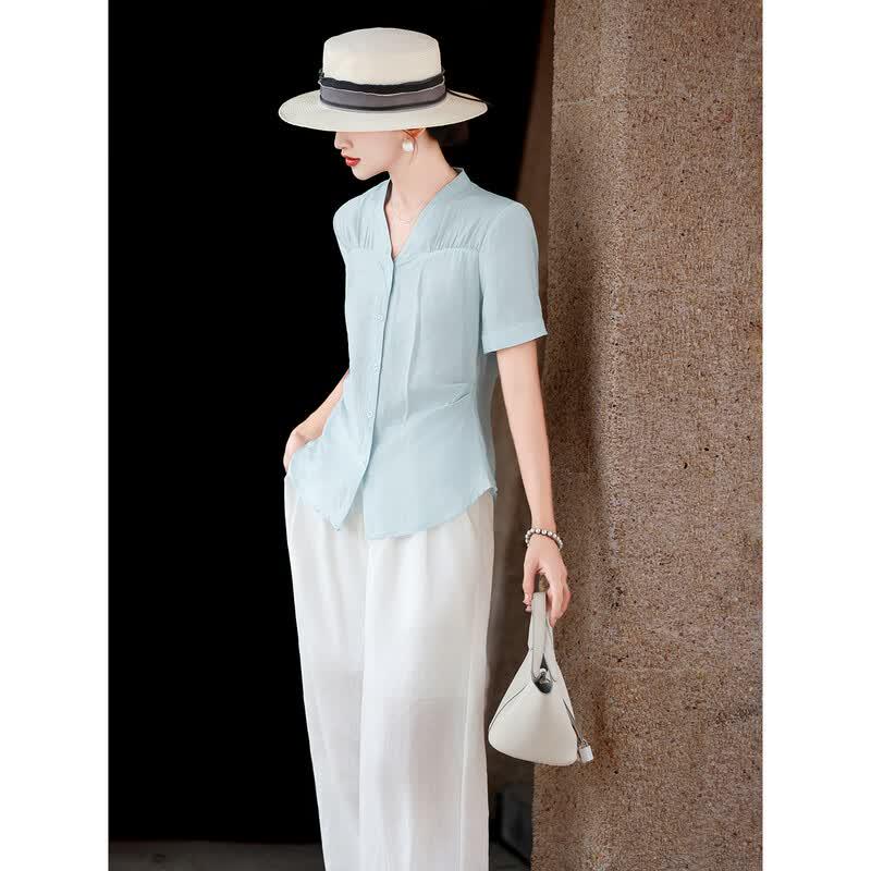 Women's Elegant V-Neck Patchwork Short Sleeve Blouse