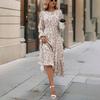 Women Summer Casual Floral Print Long Sleeve O-Neck A-Line Dress High Waist Elastic Loose Ankle-Length Spring Dresses
