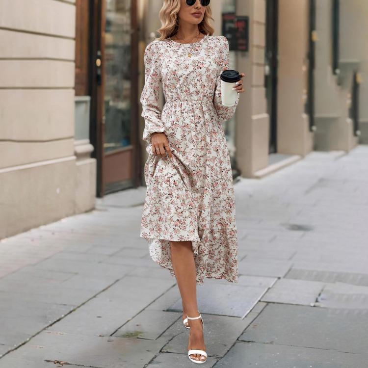Women Summer Casual Floral Print Long Sleeve O-Neck A-Line Dress High Waist Elastic Loose Ankle-Length Spring Dresses