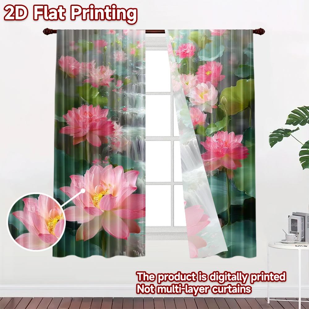 2D Flat Printing 2pcs Curtain Party Window Curtains Waterfall with Pink Lotuses Digital Printed Polyester Drapes Holiday