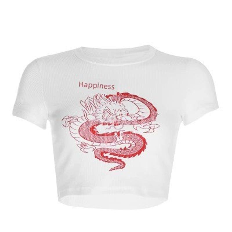 

Long Top Dragon Print Short Sleeve T-shirt Black, Hoodie European and American Fashion Short White L