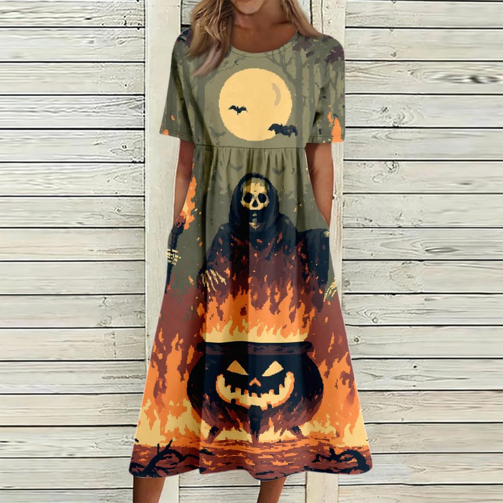 Women's Casual Round Neck Dress with Pockets Halloween Print for Party and Everyday Wear