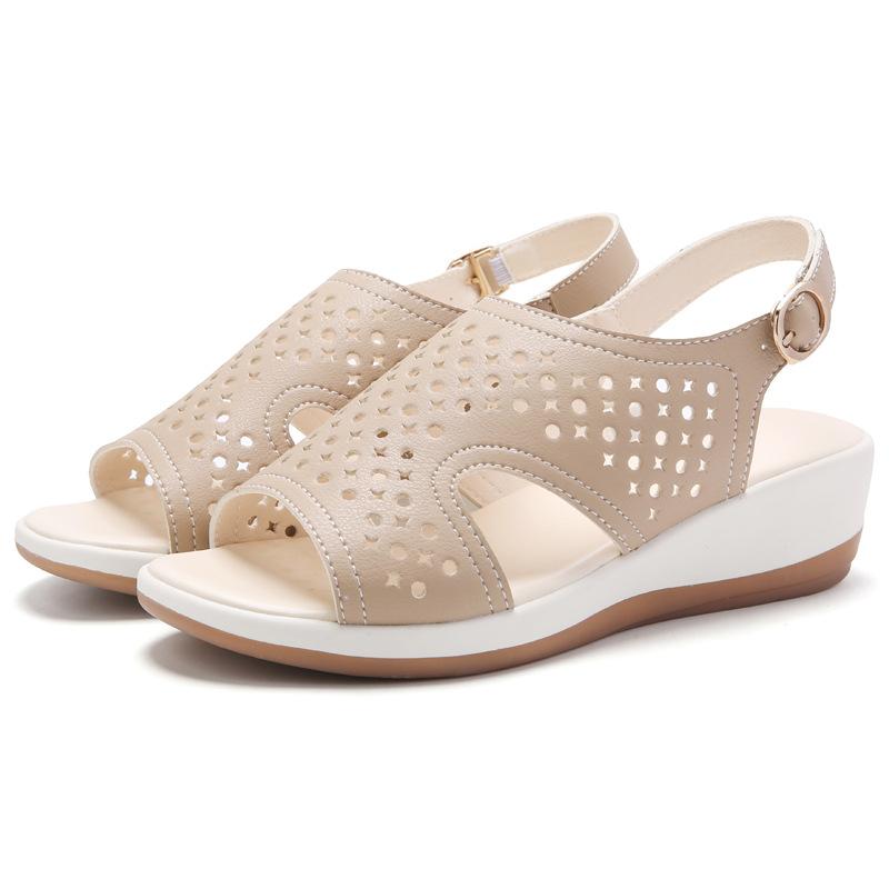 In Summer, the New Hollow Leather Beef Tendon Sole Fish Mouth Sandals Thick-soled Wedge Heel Mother Leather Sandals