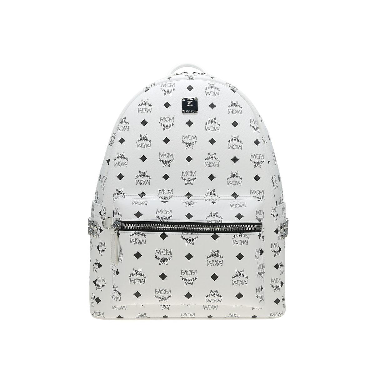 

MCM White Visetos Monogram Backpack with Studded Accents & Silver Hardware Large Daypack for Daily & School Use Basic Set (Bag+Dust Bag)