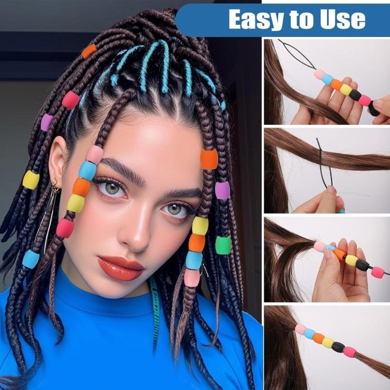 50pcs Mix Colors Silicone Hair Beads for Braids with Rubber Bands and Beader for Braiding DIY Bracelets Necklace Crafts
