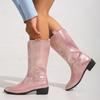 Western Cowboy Boots 2024 Winter Fashion Mid-calf Women's Boots Retro Pointed Toe Slip-on Mid Heel Pink Boots Shoes for Women