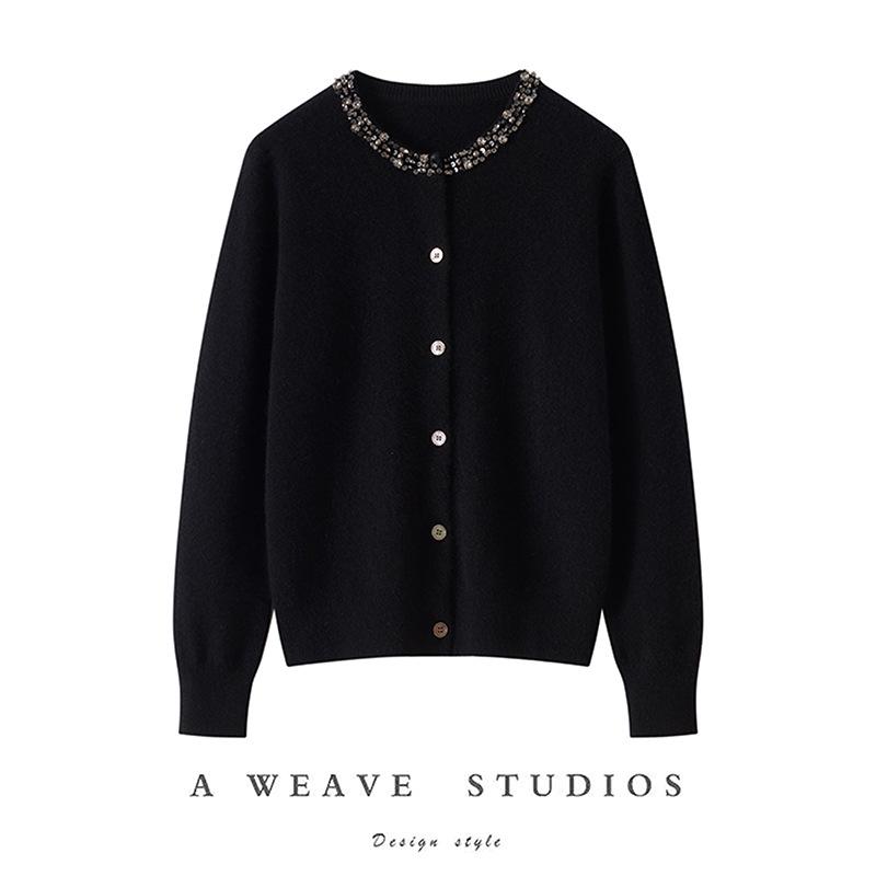 2026 Autumn/Winter Women's Beaded 100% Cashmere Round-Neck Versatile Cardigan Sweater