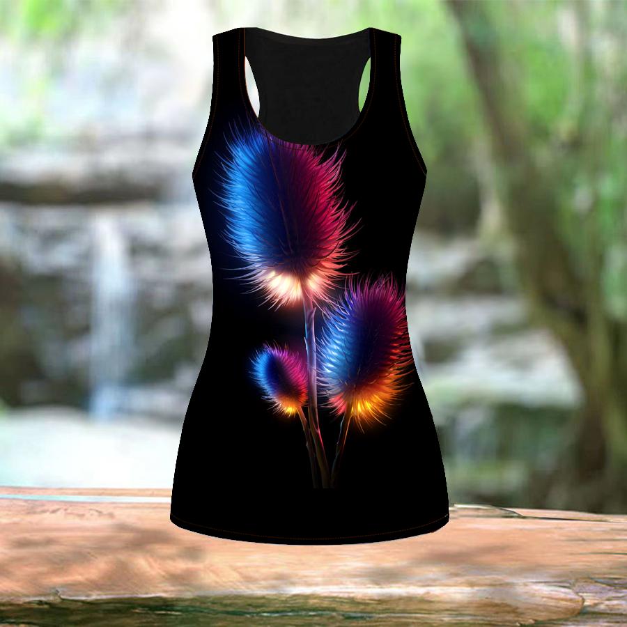 3D Gradient Blue Feather Print Women Workout Yoga Gym Printed Summer Sport Shirts Plus Size Vests