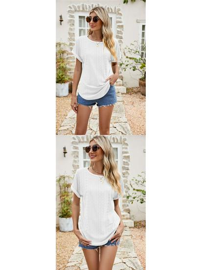 Women's Eyelet Summer Round Neck Short Sleeve Casual T-shirt