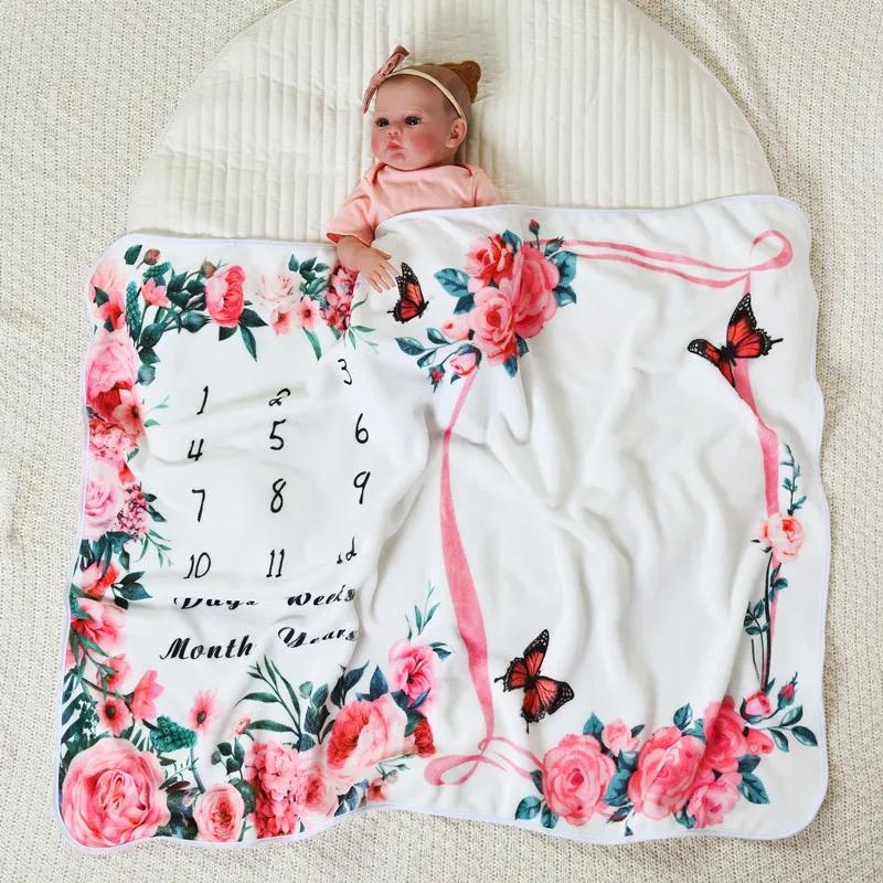 VIKAMA Baby Monthly Milestone Blanket, Newborn Growth Chart Calendar With Floral Frame, 100-Day Commemorative Photo Prop Blanket