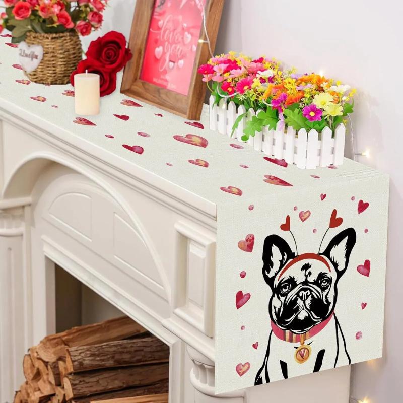 1pc Valentine's Day Love Heart Linen Table Runner Reusable Kitchen Dining Dresser Scarf Party Home Decor Table Cloth
