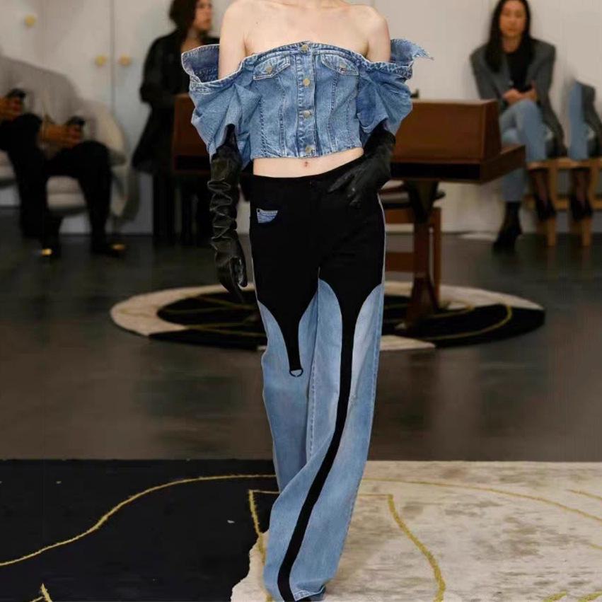 Herbst Europäischer Amerikanischer Stil Schwarz Blau Unregelmäßiger Patchwork Weiter Bein Laufsteg Jeans für Damen