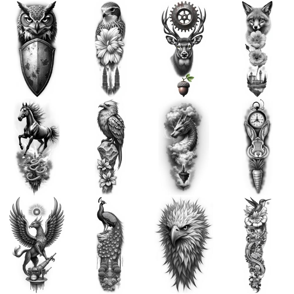 12pcs Temporary Tattoo Eagle Tattoo Realistic Temporary Tattoos Rose Tattoo Tower Tattoo Black And Grey Realism For Arm Male