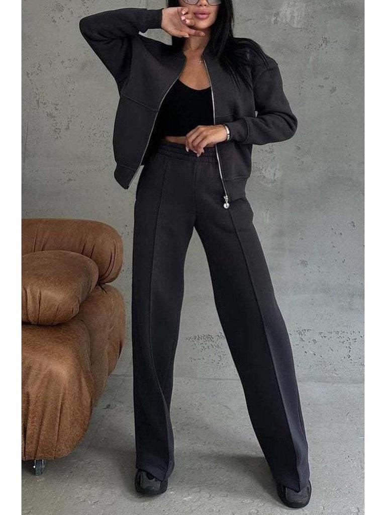 2024 Autumn/Winter Women's Casual Two-Piece Set: Zipper Jacket & Wide-Leg Pants