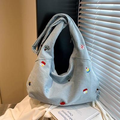 Korean Embroidered Denim Tote Bag Women'S  Sle Large Capaci Commuter Denim Oulder Crossbody Bag Tote Bag