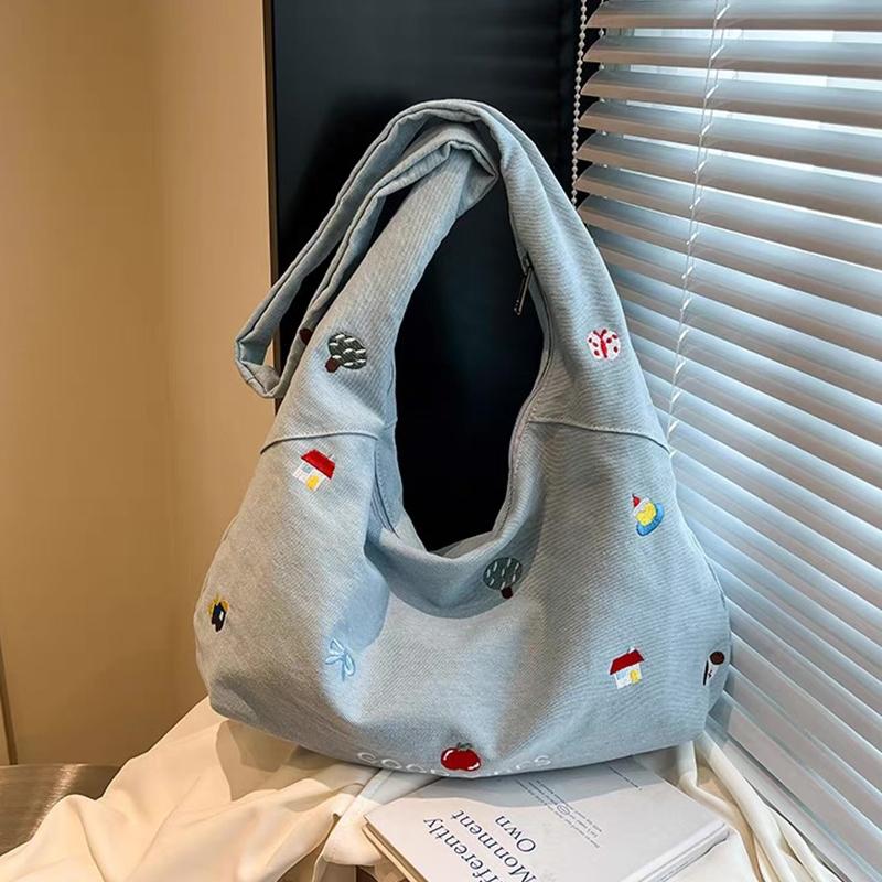 Korean Embroidered Denim Tote Bag Women'S  Sle Large Capaci Commuter Denim Oulder Crossbody Bag Tote Bag