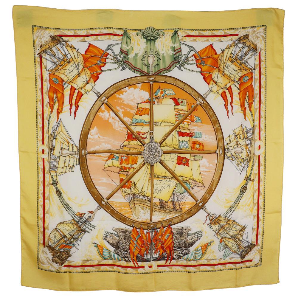 

HERMES Carree90 scarf Vive le Vent Kazeyo Fuke yellow silk Women Used