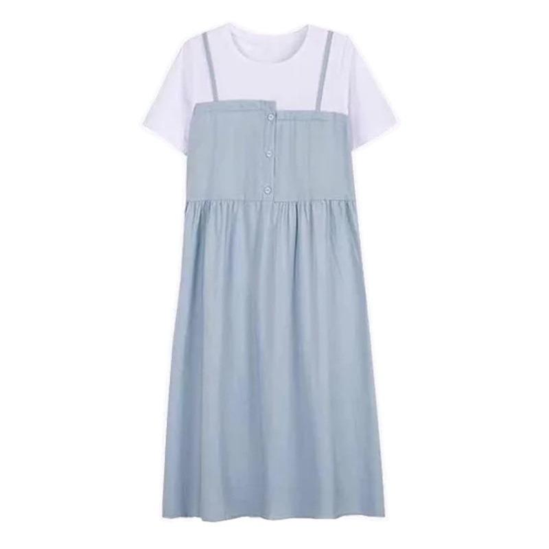 Maternity Clothing New Summer Clothing Large Size Thin Medium and Long Skirt Pregnant Mother Splicing Fake Two Pieces Loose Belly Cover Dress