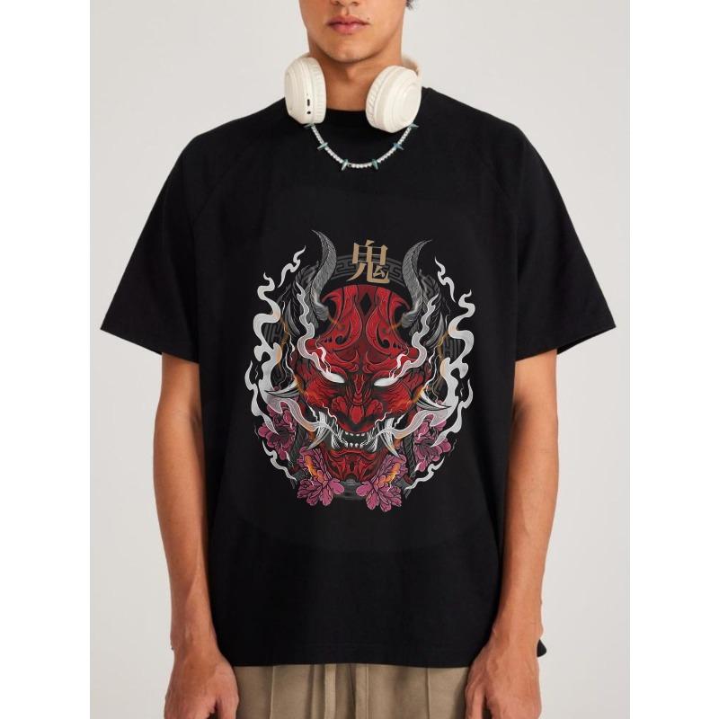 Men's Black T-Shirt with Red Demon Face and Cherry Blossom Print for Streetwear and Casual Wear